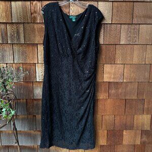 Ralph Lauren Black Lace Stretch Sequin V-Neck Sleeveless Dress in Women's 20W